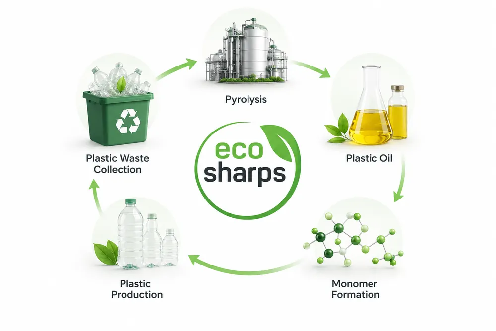 The EcoSharps cycle: collection, pyrolysis, plastic oil, monomer formation, plastic production